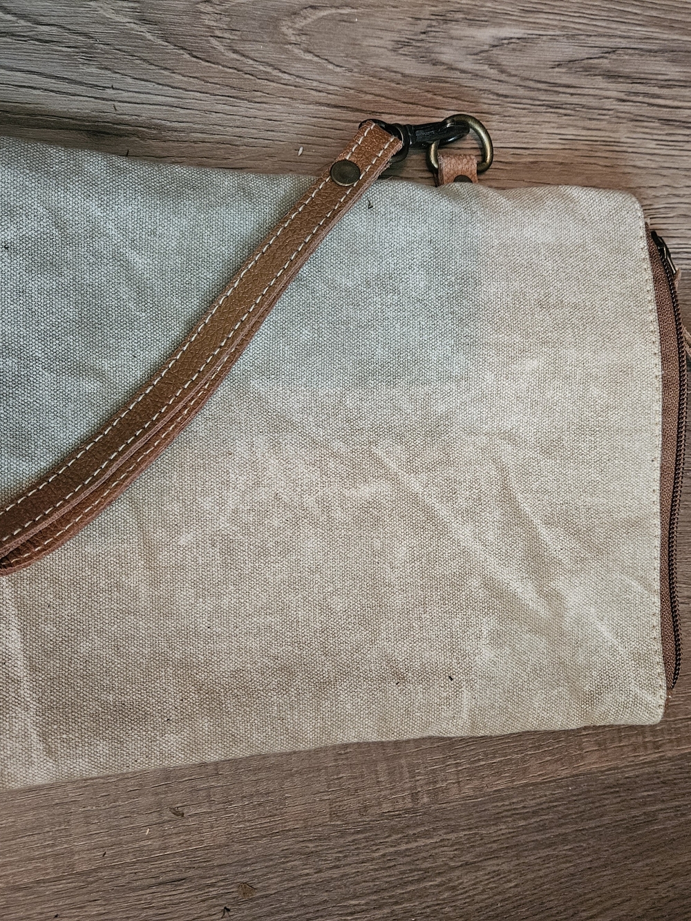 Canvas and Leather Wristlet Crossbody Bag - Cream with Pattern - Picture 5 of 5
